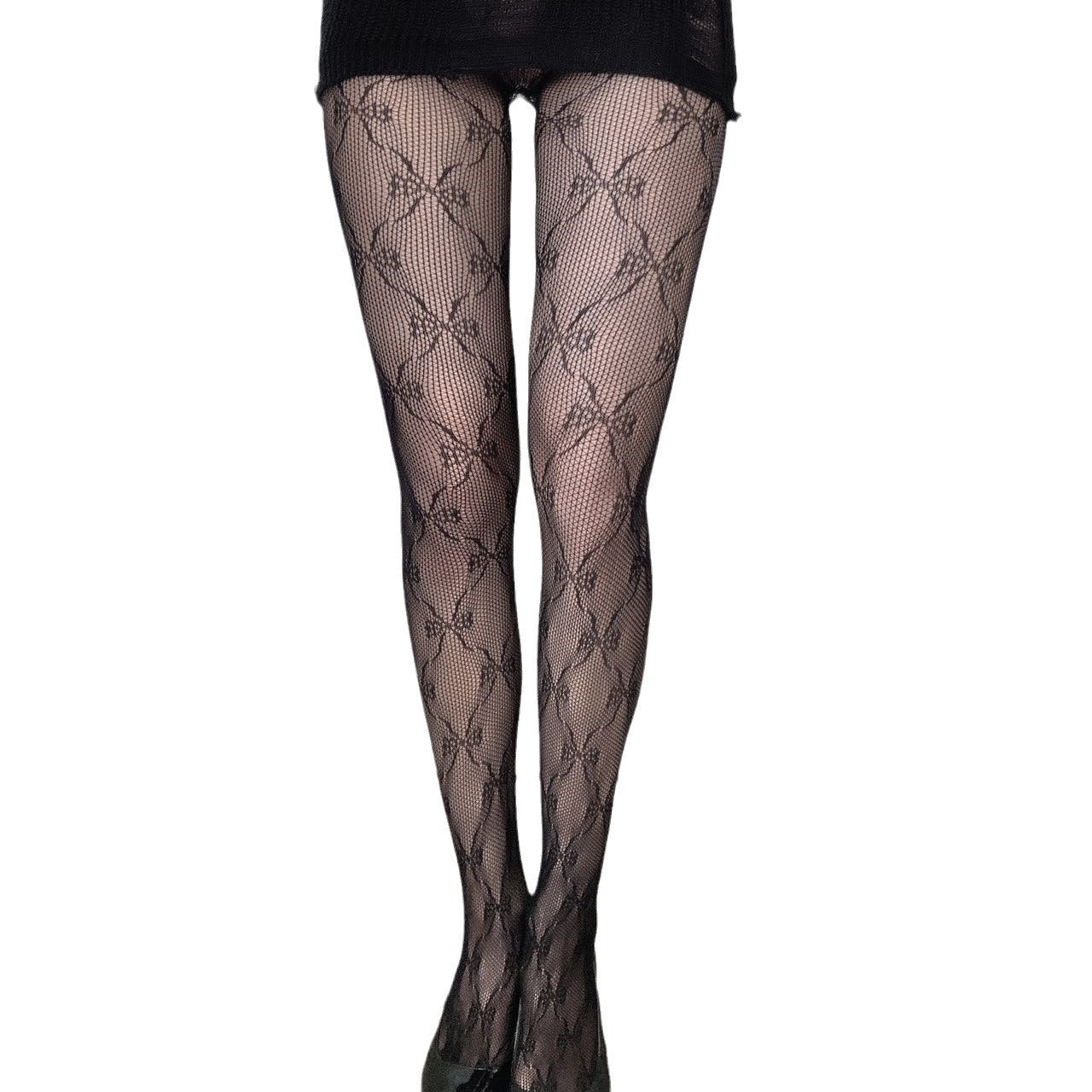 Bow Stockings Fishnet Stockings Black Plaid Hollow Sexy