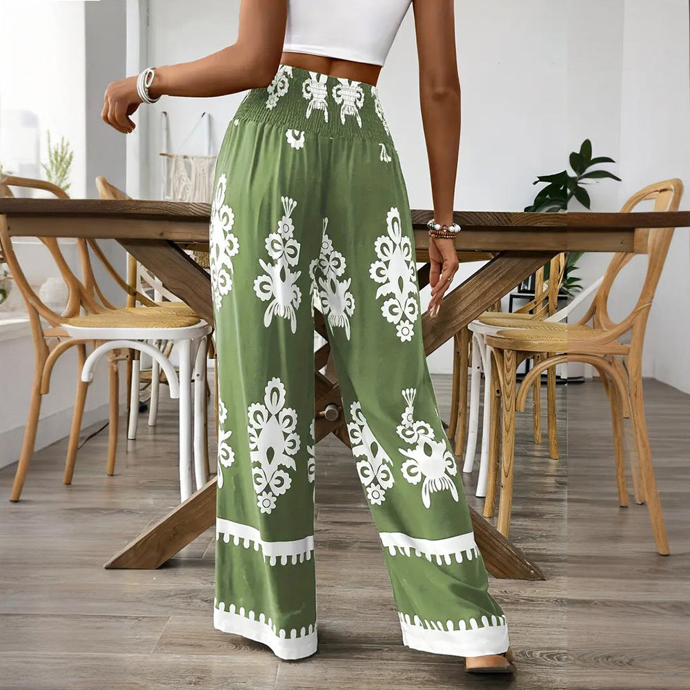 Elegant Women's High-Waisted Wide-Leg Pants With White Geometric Print Fashionable & Casual Summer Trousers