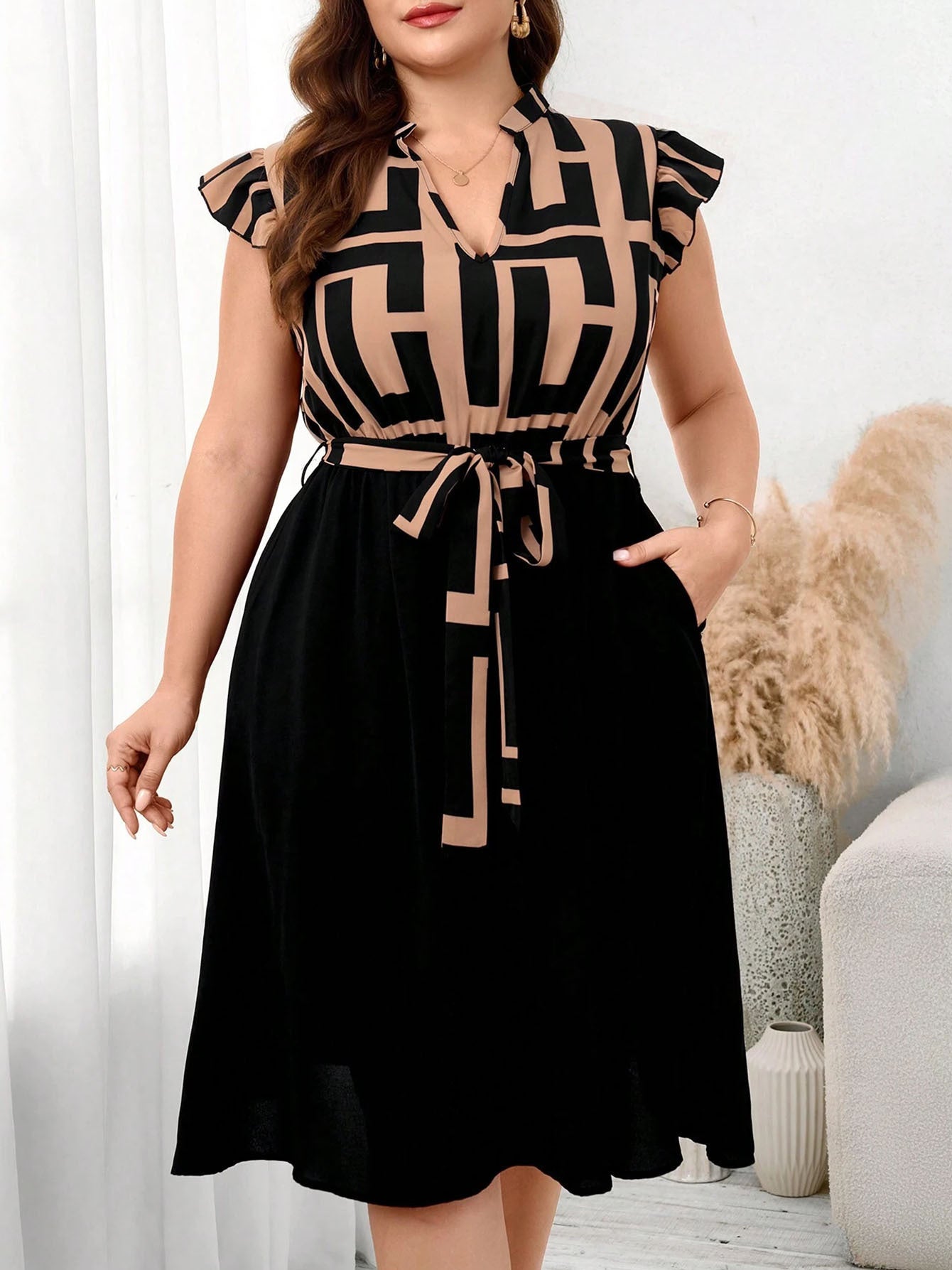 Women's Plus Size Printed Midi Dress - Summer Casual V-Neck Ruffled Sleeve Paneled Dress With Belt