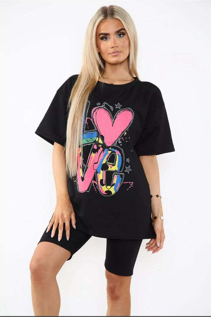 Cycling Short And T-Shirts Co-Ord Two Piece Side Slit Set With Front Printed Slogan
