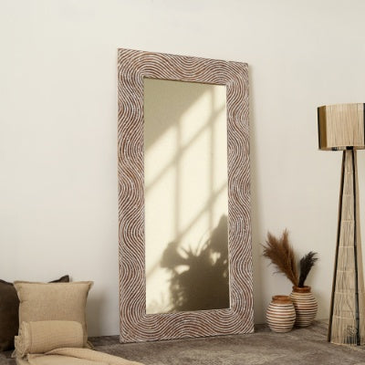 Rustic White Solid Wood Handcarved Wave Design Rectangle Mirror Accent-36 X 72