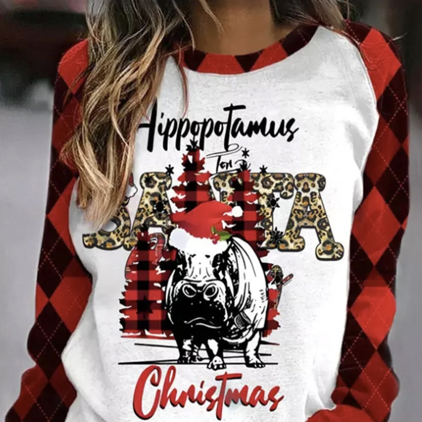 Ladies' Fashionable New Hippopotamus Christmas Leopard Plaid Hoodie Casual Long Sleeved Top