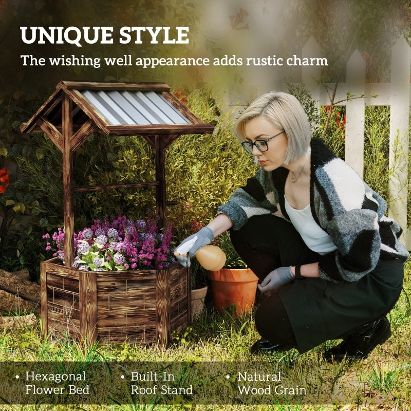 Wooden Wishing Well Planter, Raised Garden Bed With Galvanized Canopy-Tan