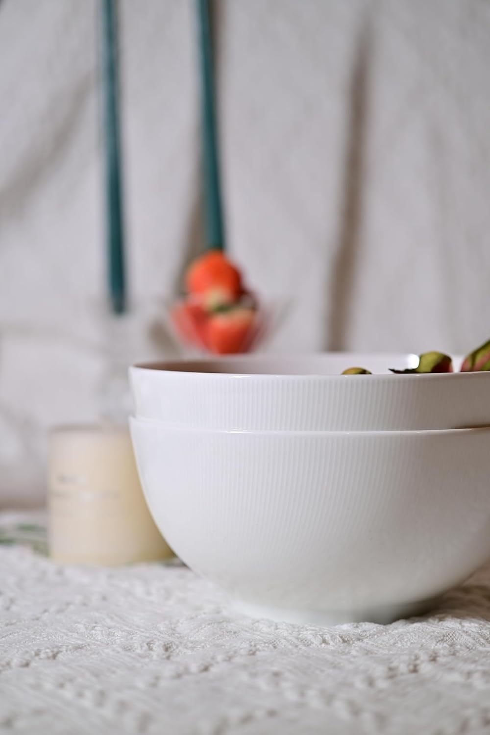 Setaria Bone China Dinnerware Set, 2 Pieces 8-inch Large Deep Salad Bowl, Soup, Cereal, Oatmeal, Fruit, Rice, Ivory White With Narrow Curve Stripe