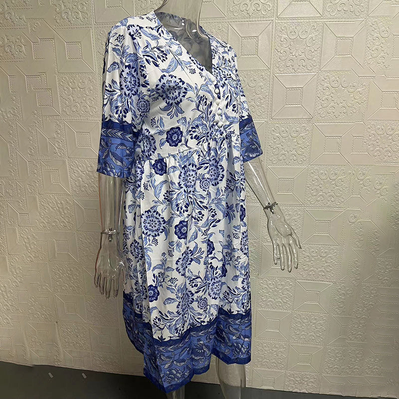 Women's Plus Size V-Neck Floral Print Dress - Loose Fit Casual Spring Summer Dress