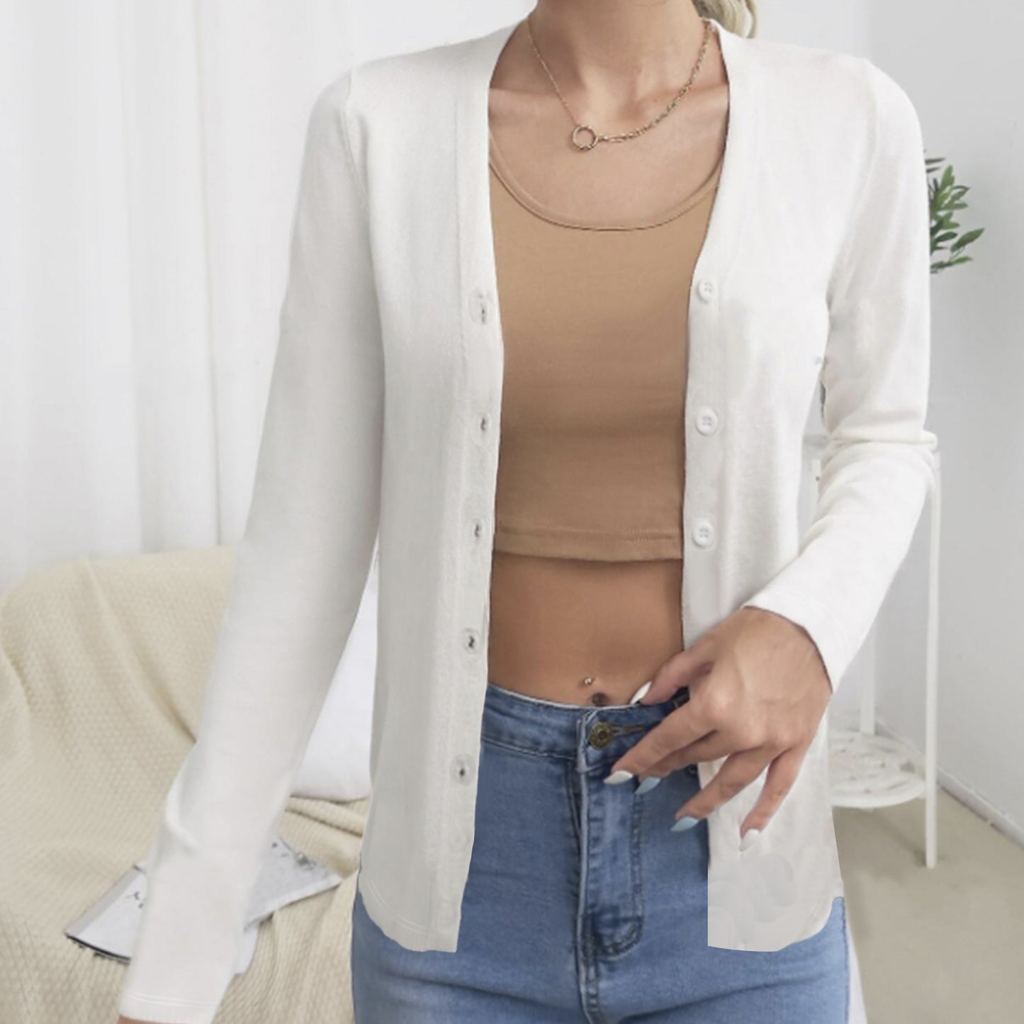 Women's Solid Color Autumn And Winter New Button Detail Design Long Sleeved Jacket Top