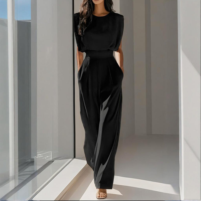 Women's Solid Color Round Neck Short Sleeve Wide-Leg Jumpsuit With Waist Design & Pockets Casual Romper For Spring&Summer