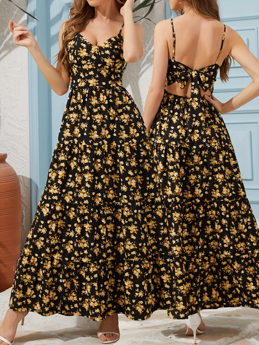Women's Summer V-Neck Floral Print Strappy Dress - Sexy Backless Bowknot Flowy Maxi Party Dress
