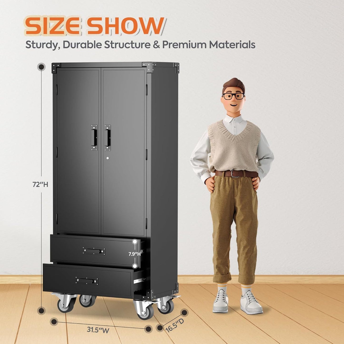 Rolling Storage Cabinet With 2 Doors And 2 Drawers, Metal Storage Cabinet With Doors And Shelves, Locking Steel Cabinet For Warehouse, Home, Office Black