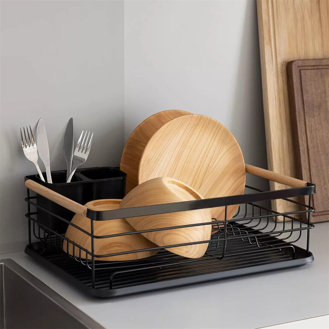 Black Large Dish Drainer Rack With Drip Tray Cutlery Holder Plate Kitchen SinK