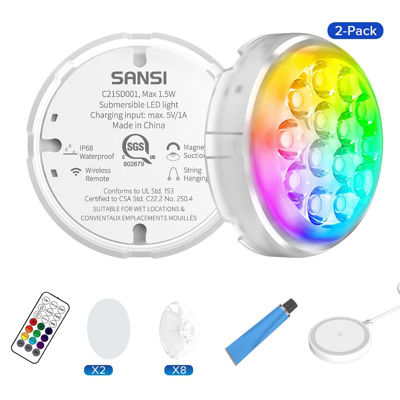 Sansi Upgraded Wireless Rechargeable Pool Lights,Submersible RBG LED Pond Lights,Color Changing Underwater Spotlight With Magnetic And Suction Cup Mounts