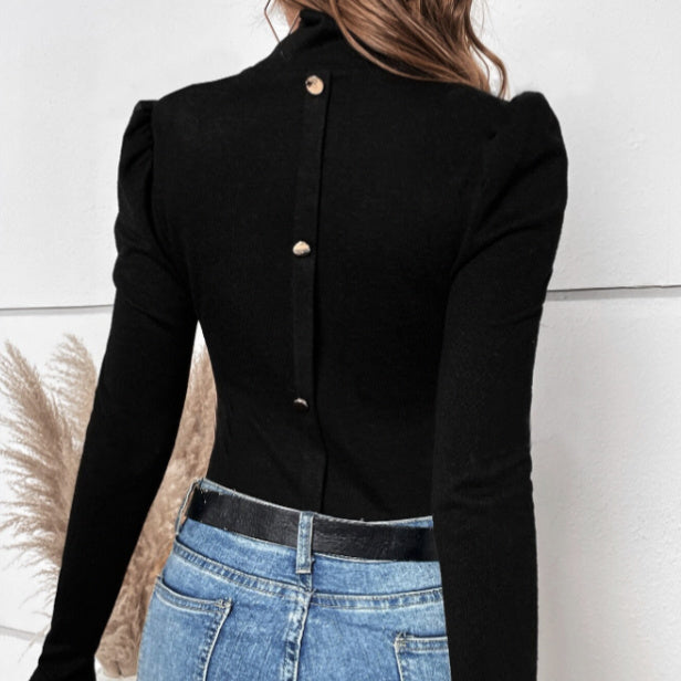Women's Solid Color High Neck Back Button Decoration Slim Fit Long Sleeved T-shirt