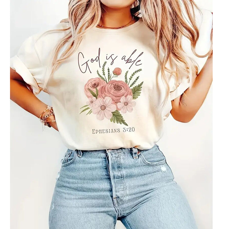 Women's Floral & Letter Print Round Neck Tee - Stylish Summer Short Sleeve Blouse