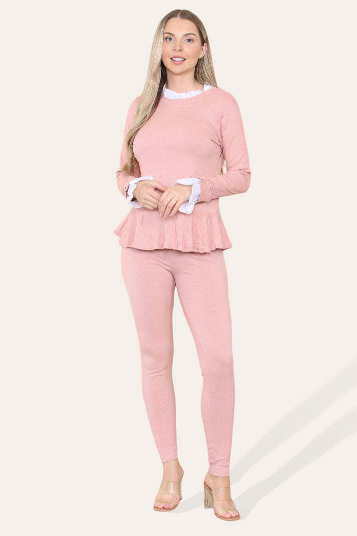 Peplum Frill Neck Suit Pleated Lounge Wear Set