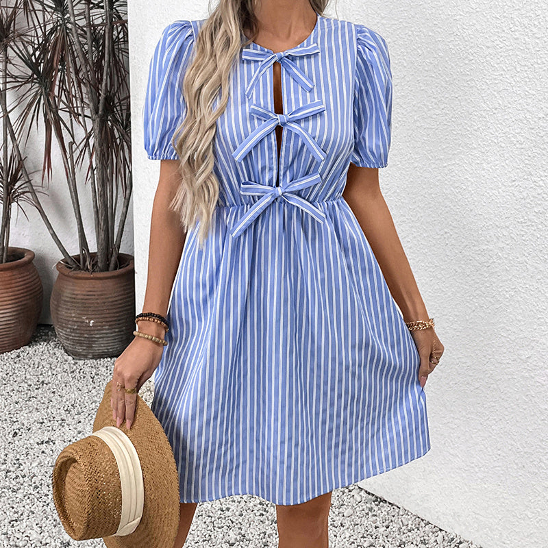 Women's Striped Tie Front Puff Sleeve Summer Casual Mini Dresses Loose Flowy Sundress