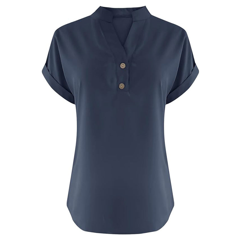 Women's Solid Color V-Neck Short Sleeve Blouse Button Detail, Summer Casual & Work T-Shirt