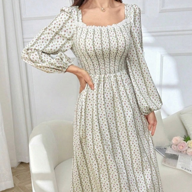 Ladies' Lantern Sleeve Pleated Lace Striped Floral Print Long Dress