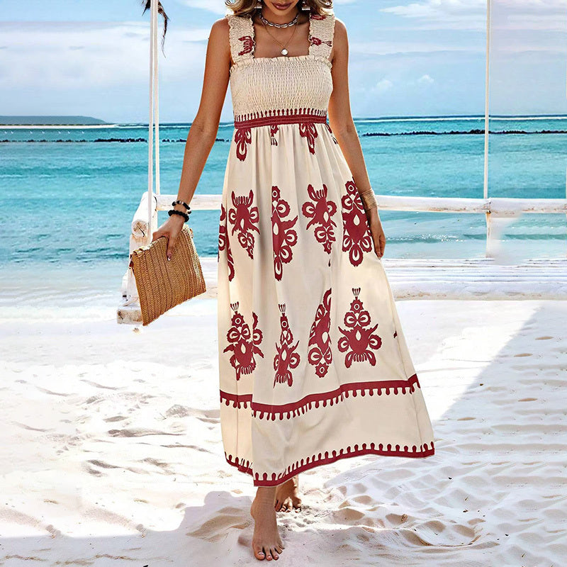 Women's Wide Strap Printed Maxi Dress With Bust Pleats, A-Line Vacation Dress