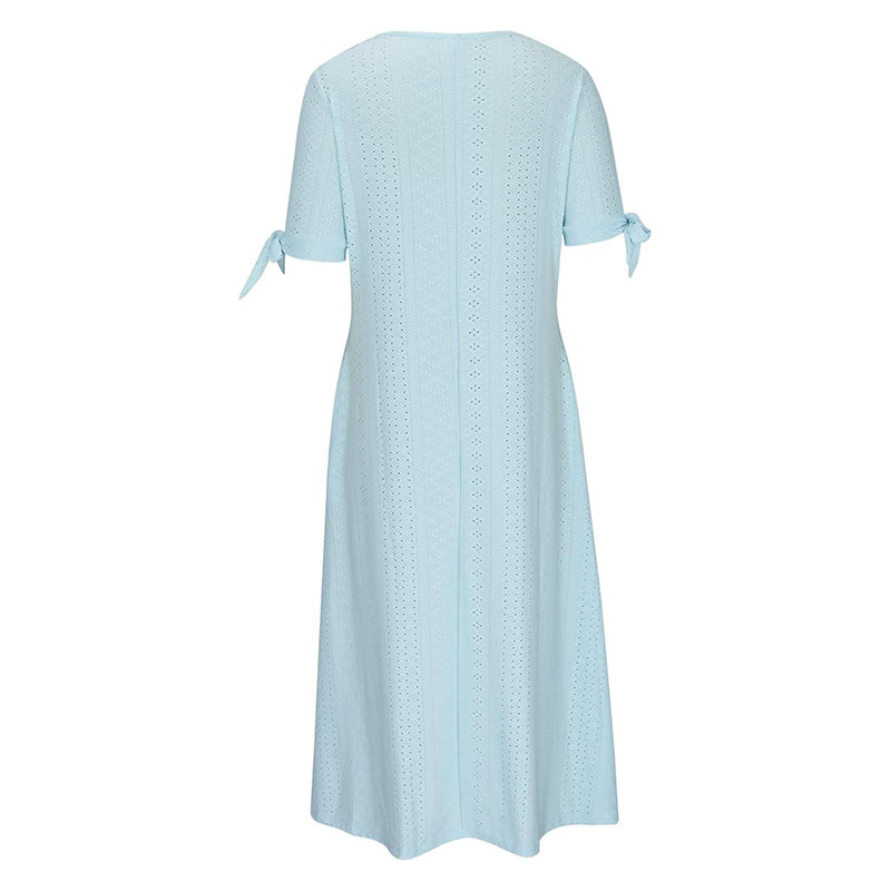Women's Eyelet V-Neck Maxi Dress Short Sleeve Flowy A-Line Summer Beach Dress
