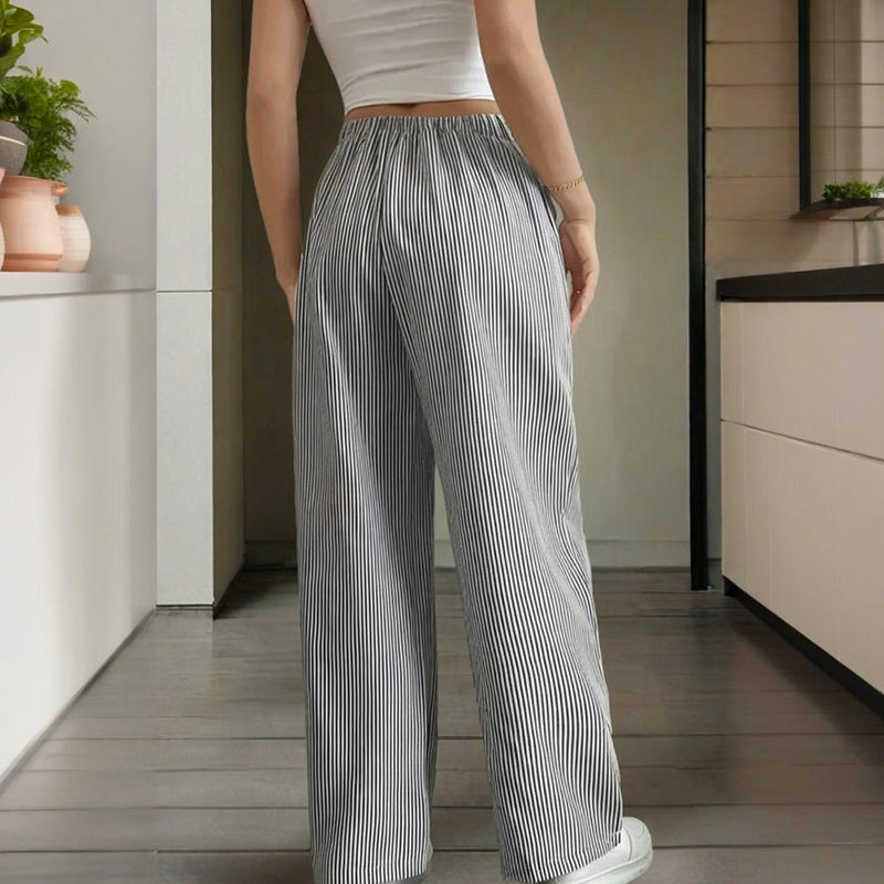 Women's Striped Wide Leg Pants With Pockets & Tie-Waist Detail - Casual Minimalist Trousers