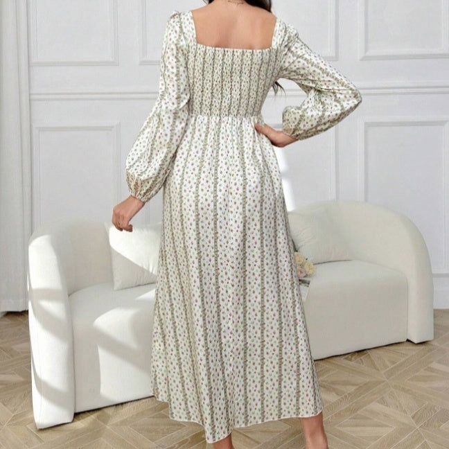 Ladies' Lantern Sleeve Pleated Lace Striped Floral Print Long Dress