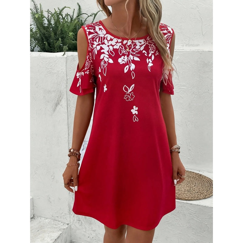 Women's Summer Cold Shoulder Crew Neck Floral Print Dress Beach Vacation Boho Mini Sundress