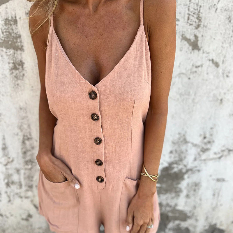 Women's Solid V-Neck Jumpsuit Shorts - Button Front Sleeveless Romper With Drawstring Waist & Pockets Summer Casual Outfit