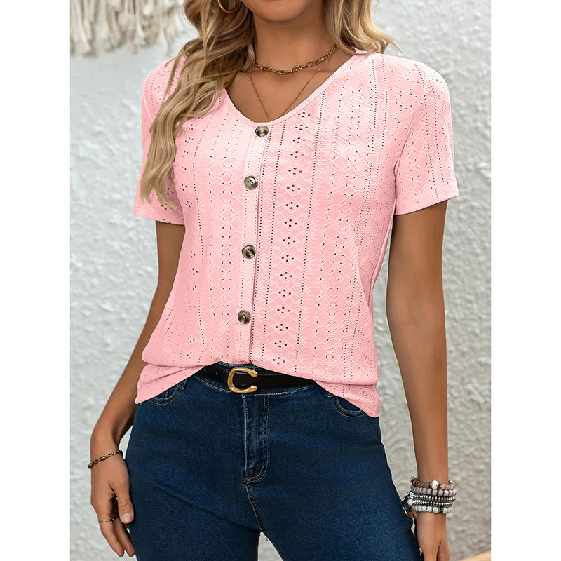 Women's V Neck Short Sleeve Eyelet Tops Summer Casual Loose Fit Button T Shirts