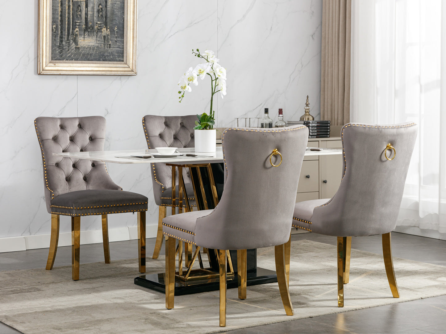 Nikki Collection Modern, High-end Tufted Solid Wood Contemporary Velvet Upholstered Dining Chair With Golden Stainless Steel Plating Legs,Nailhead Trim,Set Of 2,Gray And Gold, SW1601GY