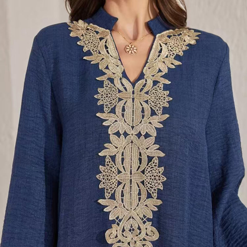 Women's Bohemian Embroidered Maxi Dress - V-Neck Long Sleeve Flowy Kaftan With Ethnic Embroidery, Loose Fit Vintage Dress