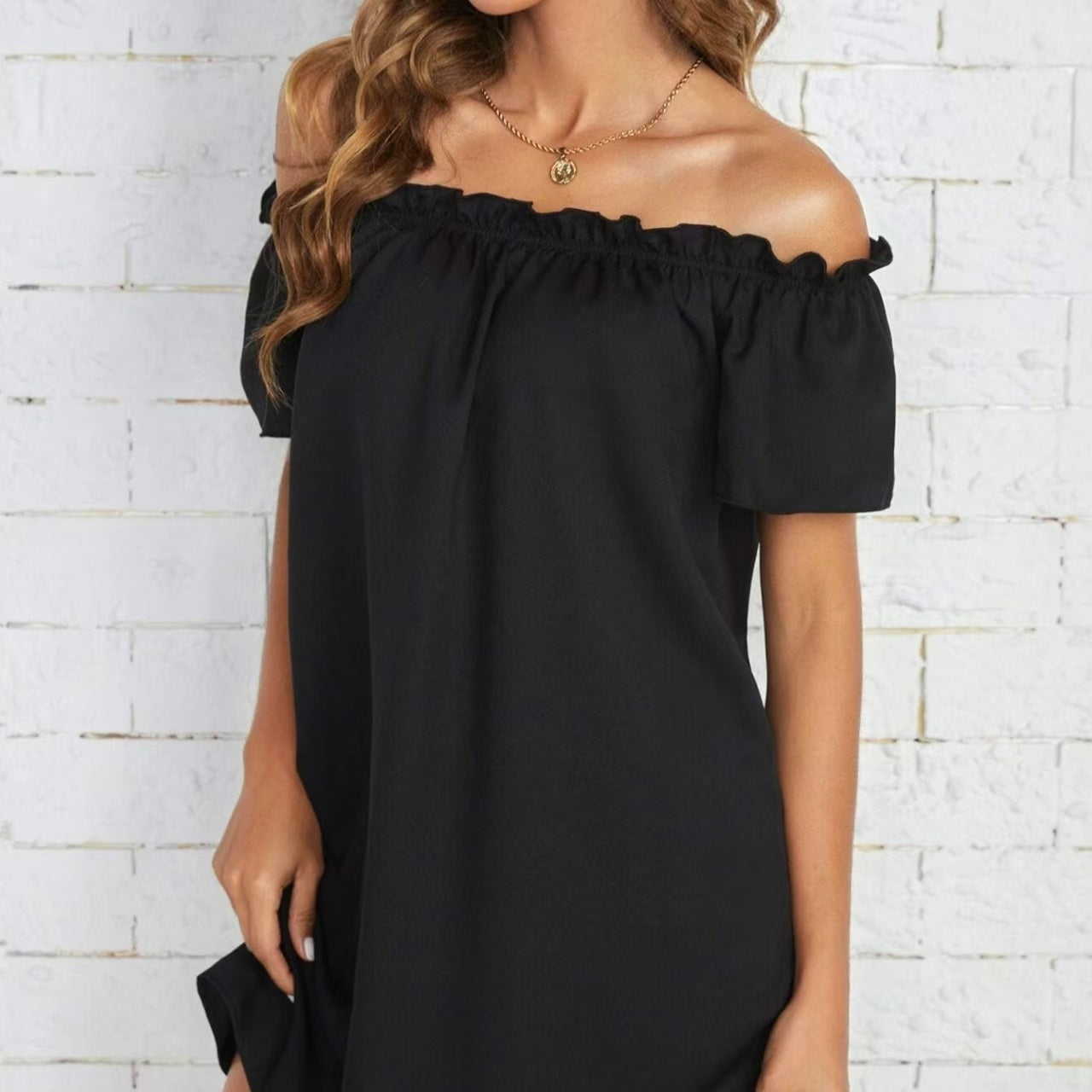 Ladies' Fashion Off Shoulder Ruffle Solid Color Decorative One Shoulder Casual Dress