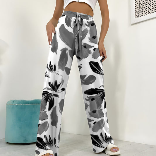 Ladies' Versatile Contrasting Printed Waist Strap Design, Loose Pleated Wide Leg Pants, Long Pants
