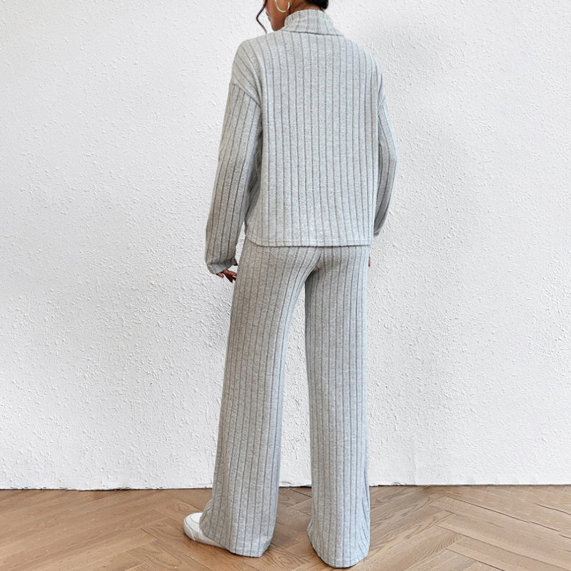 Women's Solid Color 2-Piece Set High Neck Long Sleeve Top & Pants, Striped Loungewear For Fall&Winter