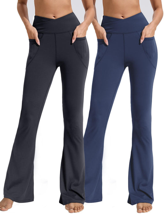 Flared Pants - Cropped Cross Waist Pockets Polyester Double Grinding 2 Black Zhang Qing