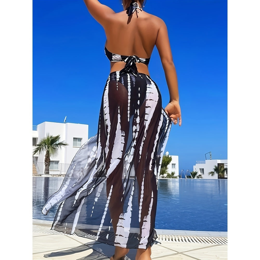 European And American Women's Swimsuit Sunscreen Bikini Three Piece Set Striped Printed Mesh Beach Vacation Sunscreen Swimsuit Women