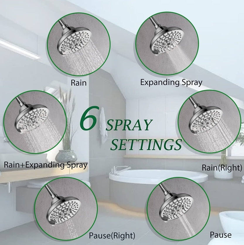 6 Spray Settings High Pressure Shower Head 5 Rain Fixed Showerhead - Brushed Nickel Adjustable Shower Head With Anti-Clogging Nozzles, Low Flow Easily Installation