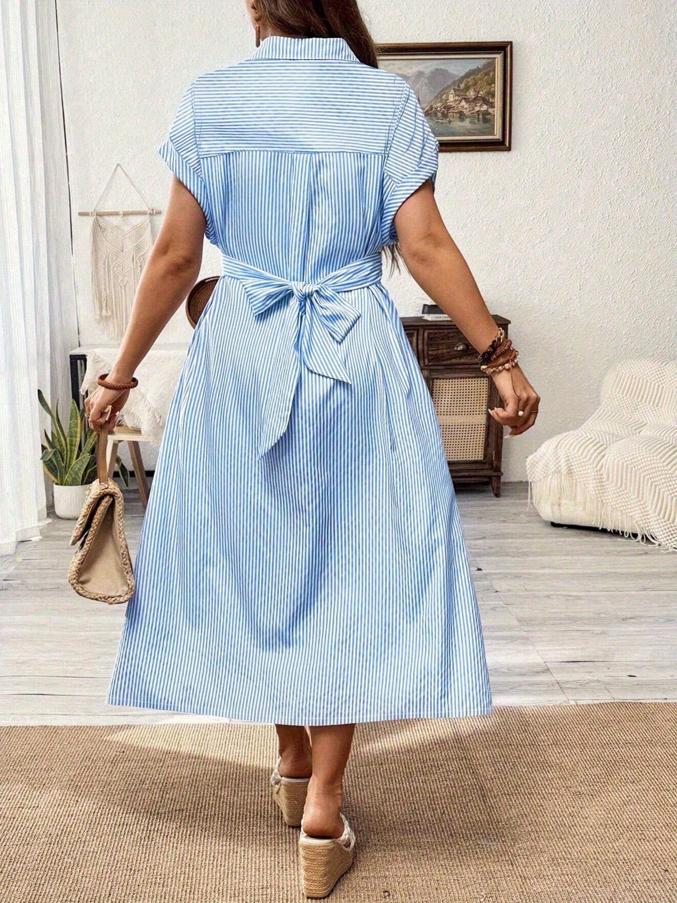 Women's Plus Size Striped Dress With Cross-Belt - Casual Button-Down Collar Shirtdress, Long Length