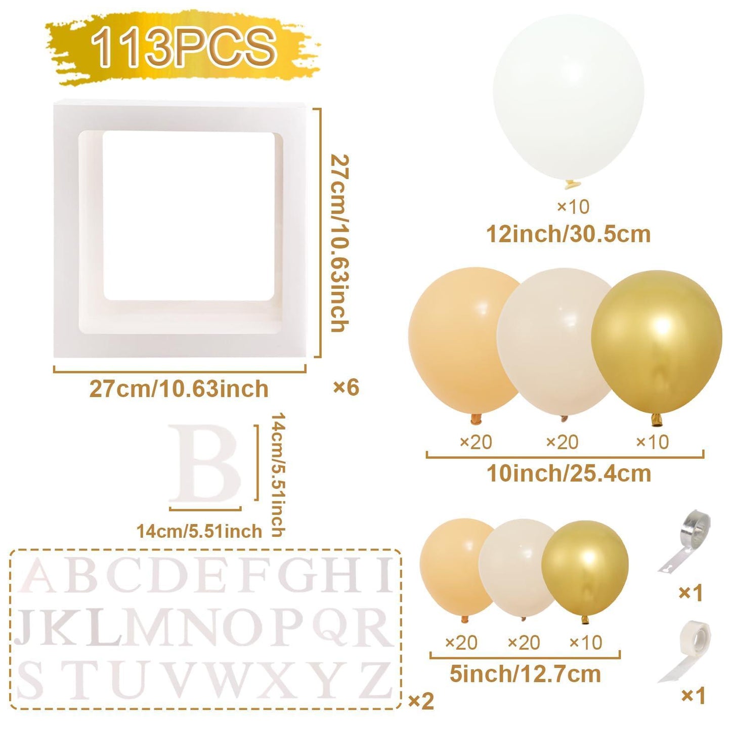 172pcs White Gold Balloon Box Decoration Set - 6 Clear Boxes, Letters & Balloons For Party, Birthday, Name Display