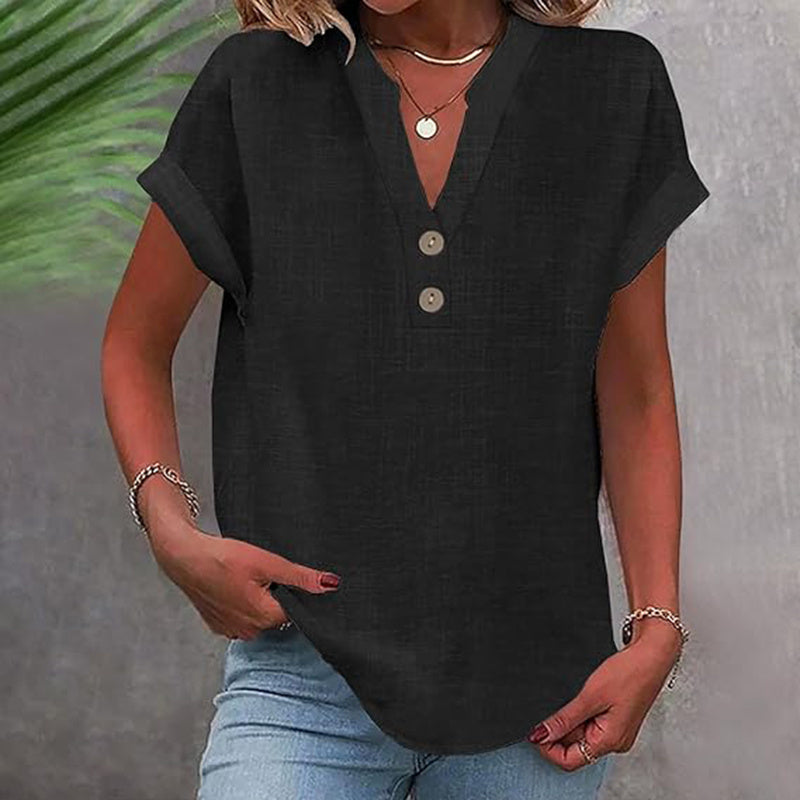 Women's Solid Color V-Neck Short Sleeve Blouse Button Detail, Summer Casual & Work T-Shirt