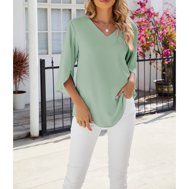 Women's Chiffon Blouses 3 4 Sleeve Summer Dressy Tunic Tops Casual Loose V Neck T-Shirts