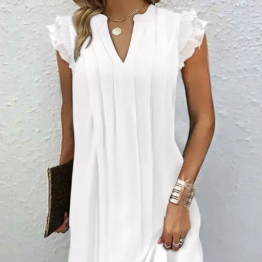 Ladies' Solid Color Fashionable New Style Notch V-neck Hanging Pleated Petal Sleeve Wedding Season Simple And Elegant Long Dress