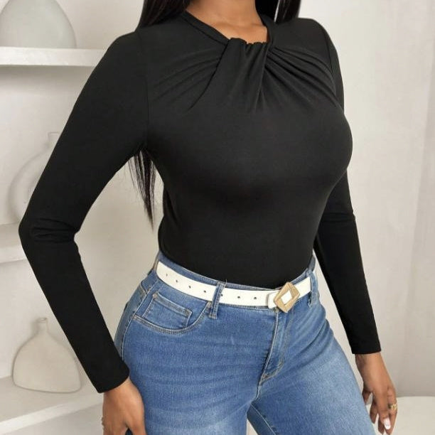 Women's Solid Color Pleated Collar Slim Fit Hip Hugging Long Sleeved T-shirt Top