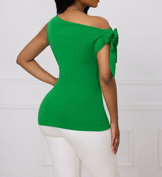 Ladies' Fashionable And Elegant Sloping Shoulder Off Shoulder Solid Color Temperament Shirt Top