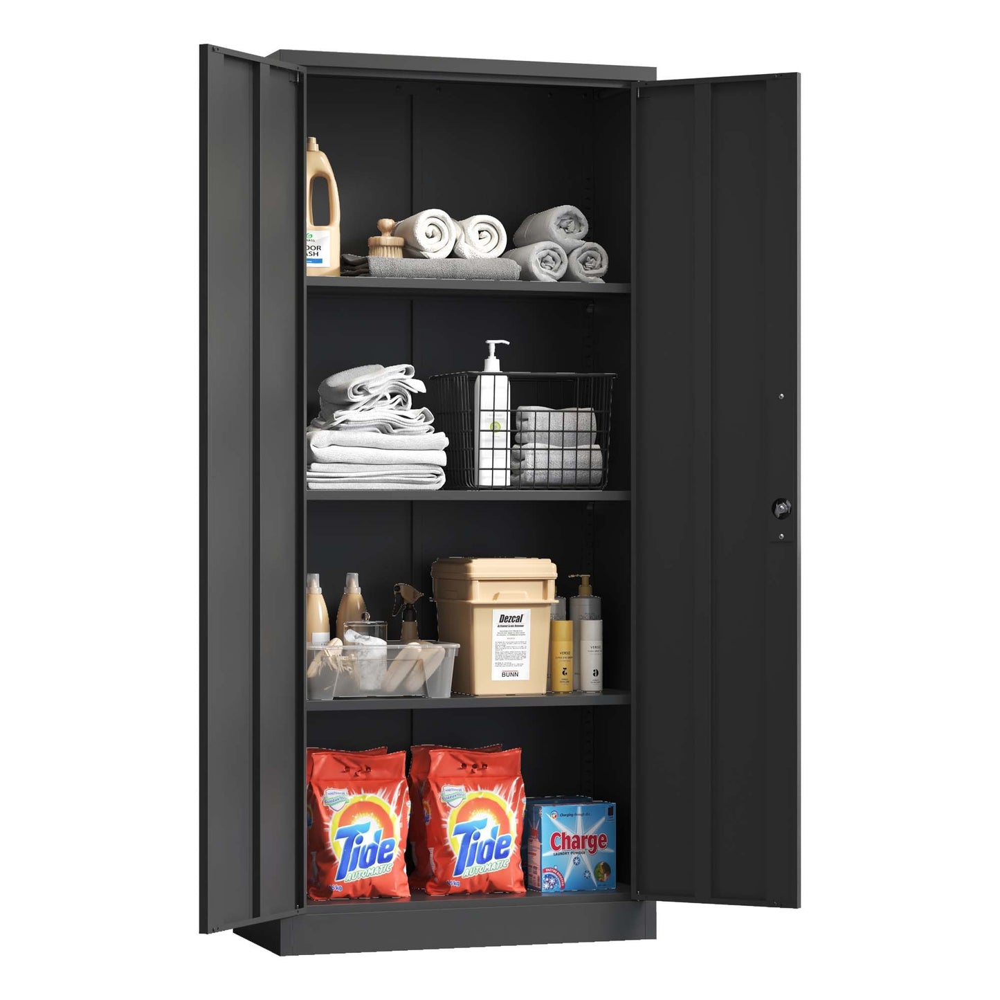 Metal Garage Storage Cabinet, Black Tool Steel Locking Cabinet With Doors And 3 Shelves, Tall Cabinets For Garage Storage Systems Lockable File Cabinet For Home Office, Classroom Pantry