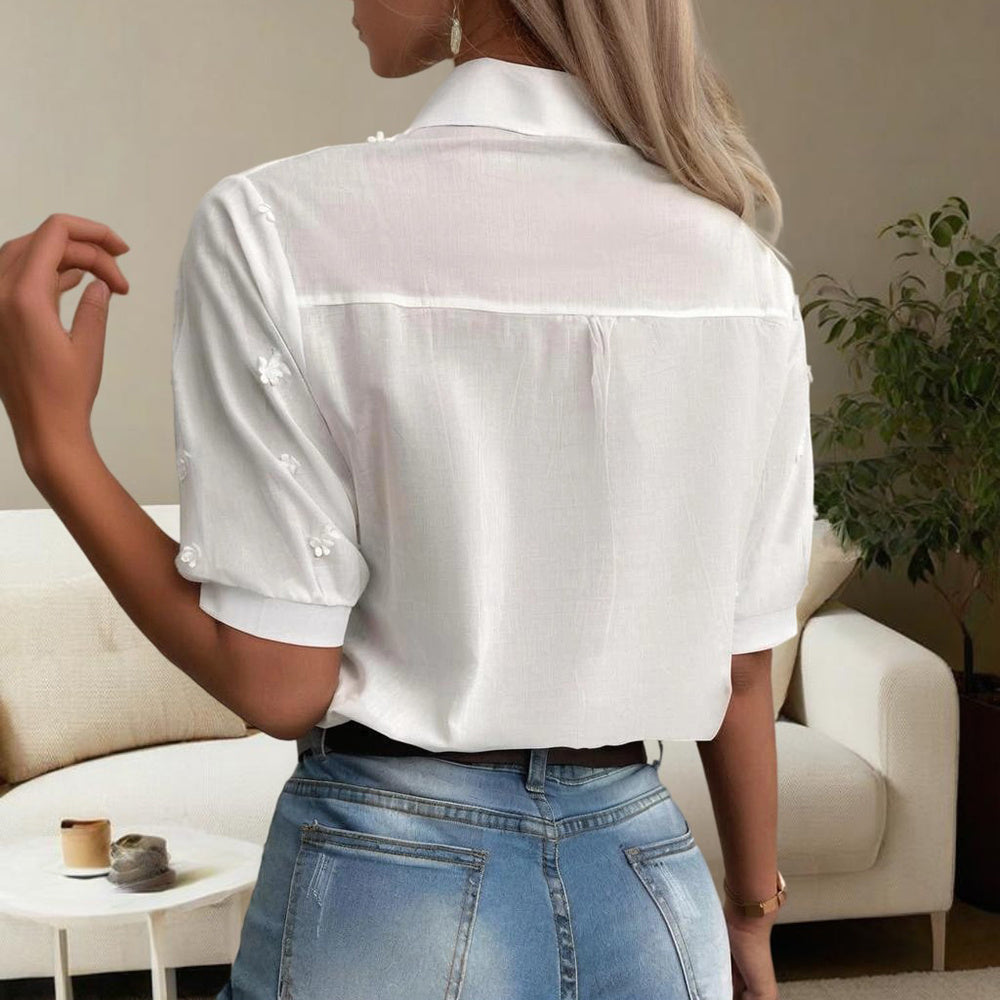 Women's V-Neck Embroidered Lace Short Sleeve Top - Pure White Sheer Mesh Lace Detail, Fashionable Casual Wear For Spring&Summer
