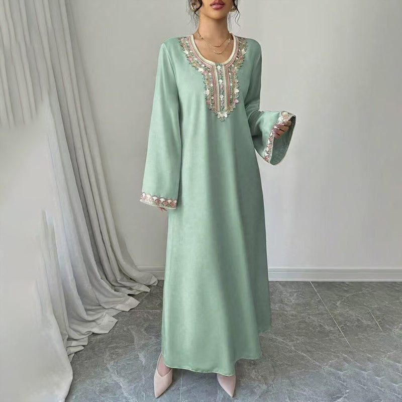 Women's Middle Eastern Embroidered Maxi Dress - Round Neck Long Sleeve Flowy Kaftan With Exquisite Embroidery, Loose Fit