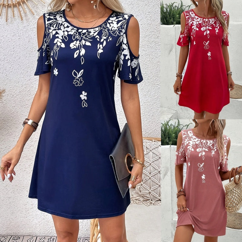 Women's Summer Cold Shoulder Crew Neck Floral Print Dress Beach Vacation Boho Mini Sundress