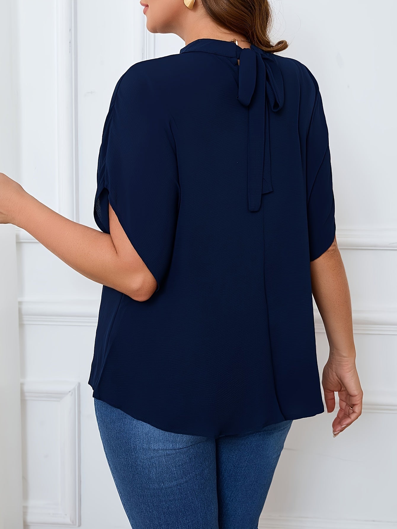 Women's Plus Size Batwing Blouse - Fashionable Casual With Tie & Cutout Details, Comfortably Loose Solid Color Top