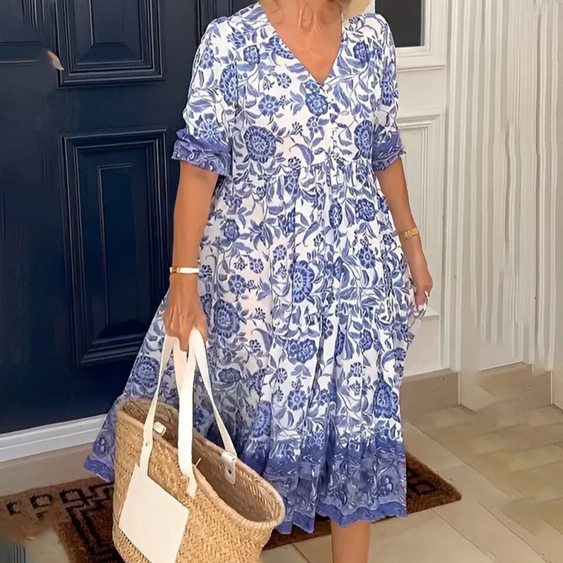 Women's Plus Size V-Neck Floral Print Dress - Loose Fit Casual Spring Summer Dress