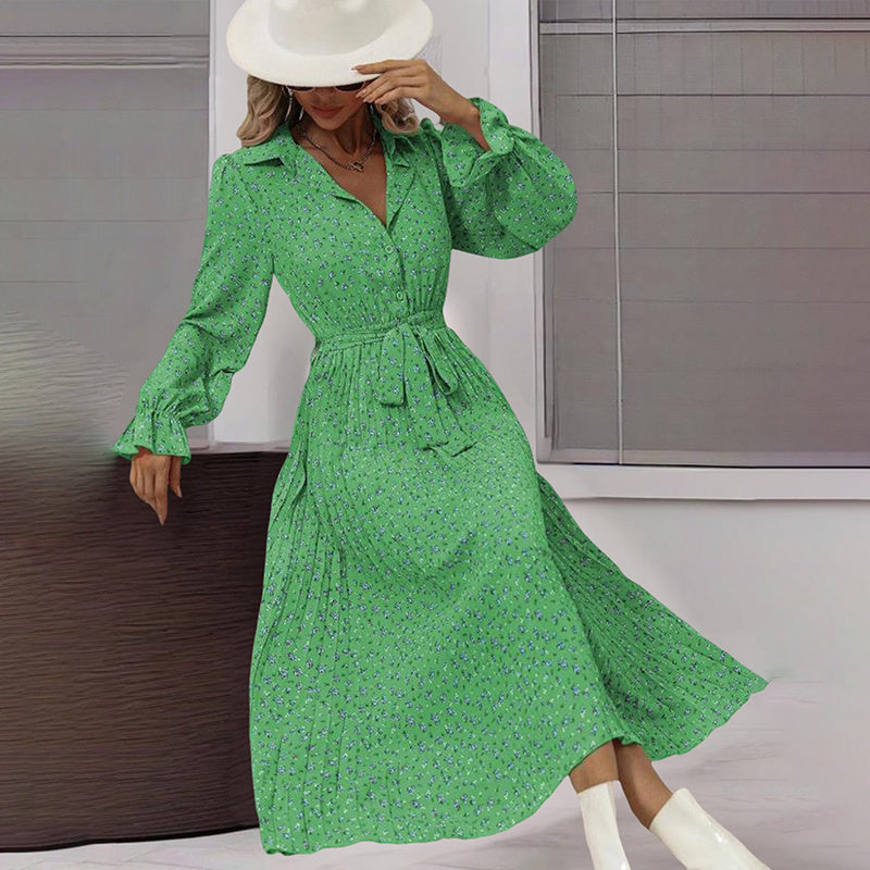 Women's Long Sleeve V Neck Button Down Belted A-Line Flowy Midi Shirt Dress
